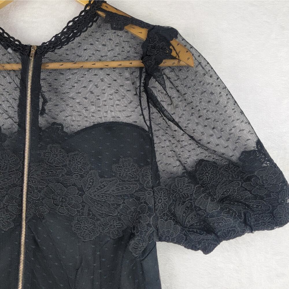 Goth Large Women Crop Top Knit Black Lace Overlay Bustier Short Sleeve Grunge - Picture 8 of 14